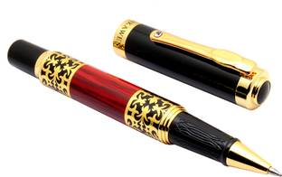 Ledos Dikawen Royal Red Wood Textured Metal Body Golden Trims Blue Ink Refill Roller Ball Pen