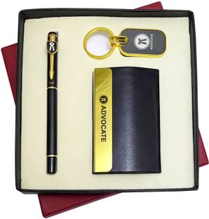 UJJi Advocate Gifts 3in1 Golden Part Black Body Pen, Keychain and ATM Card Holder Pen Gift Set