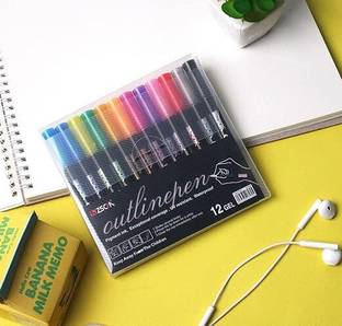 NAVDEEP COLLECTION Set of 12 Metallic Double Line Outline permanent Pen Calligraphy