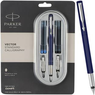 PARKER Vector Standard Calligraphy, Chrome Trim With 4 Ink Cartridges (2 Blue Fountain Pen