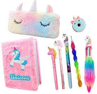 AMP Creations Pencil Pouch with Gl Pen and UPen, Pencil, Fur Pen, Eraser, Dairy Stationery Set