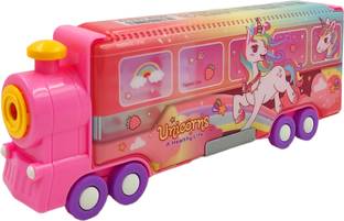 dishvy Train Shape Pencil Box with Unicorn Theme | Sturdy movable Wheels | Toy Train Unicorn Pencil Box | Inbuilt sharpener Art Plastic Pencil Box