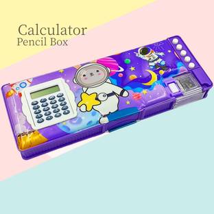 poksi Big Pencil Box with calculator and Button operated pencil stand Inside | Space Panda Pencil Box for Kids Art Plastic Pencil Box