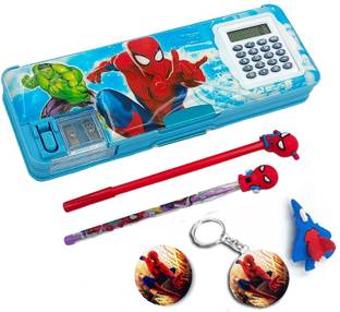 Neel Spiderman Calculator Pencil Box Stationery 5in1 Gift Set Combo for Kids Geometry Box/Pen,Pencil,Eraser,badge & Keychain For Pencil Box Best Return Gift for Kids Art Plastic Pencil Box