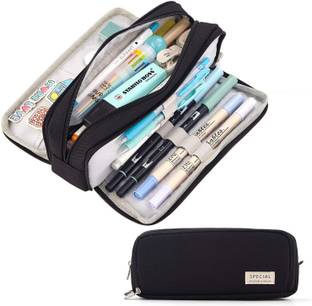 SIRTERIQ Canvas 3 Compartment Large Capacity Soft Pen Pencil Pouch Box For Girls And Boys Big Capacity Pencil Case Organizer Pen Marker Holder For School Collage Office Art Canvas Pencil Boxes