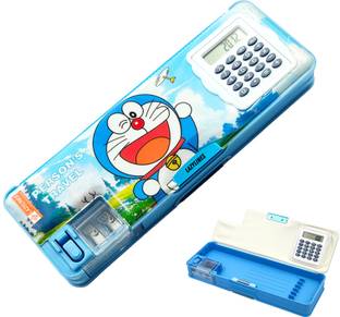 LAZYLINES Inbuilt Calculator & Sharpener Pencil Box for Birthday Return Gift Dual Compartment and Magnetic Lock, DORAEMON Art Plastic Pencil Box