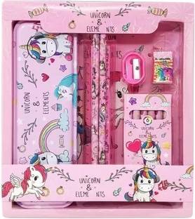 kidox Unicorn Stationary Set Pencil Box, Pencil Sharpener Eraser Scale Cryon Kit Kids Unicorn Art Plastic Pencil Box