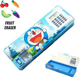 tishna Inbuilt Calculator & Sharpner Doraemon Art Plastic Pencil Box