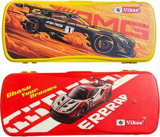 Vikas Maxo Dual Car Design Pencil Box Mercedes AMG and Ferrari Race Car Graphic Art Plastic Pencil Boxes