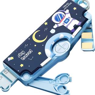 vvn Hot Selling Trending Heavy Quality Made Ideal For Boys&Girl Stationary Organizer SpaceMan Astronaut Theme Multi Layer Multiple Buttons Plastic Compass Box Art EVA Pencil Box