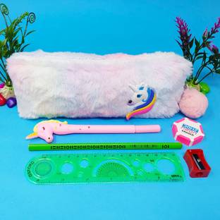 Parteet Best Quality Combo Soft Unicorn Fer Pouch for Kids (Pack of 6 Items) 1 Pouch, 1 Pen, 1 Pencil, 1 Scale, 1 Eraser, 1 Sharpner Art Polyester Pencil Box