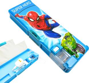 LAZYLINES Inbuilt LED Light & Sharpener Pencil Box for Birthday Return Gift Dual Compartment and Magnetic Lock, Spiderman Art Plastic Pencil Box