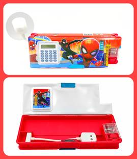 dishvy Spiderman Pencil Box with Integrated Lamp, Calculator and Sharpeners Spiderman Art Plastic Pencil Box