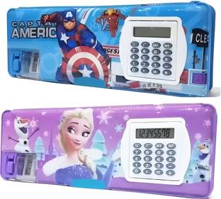 vvn Avenger & Frozen Calculator Pencil Box Combo Cartoon Printed Art Trandy Magnetic Dual Sharpener for Girls & Boys School Cartoon Printed Art Plastic Pencil Boxes