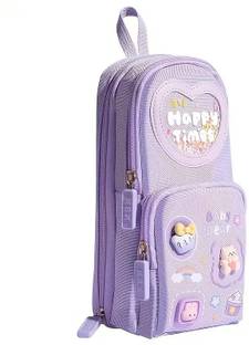 Trendera Purple Three Layer School Bag-Shaped Pencil Pouch, Large-Capacity Pencil Pouch Happy Times Art Canvas Pencil Box