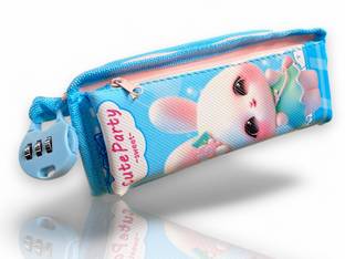 TECHNOCHITRA Cute Pencil Case with Password Lock Blue Rabbit Design, Zipper Pouch for School Girls Art Canvas Pencil Box