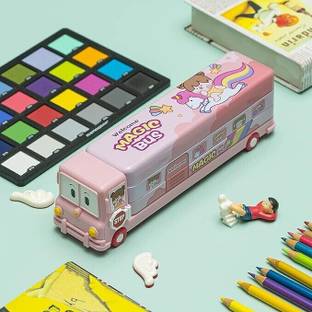 CRAFTY CUDDLE Magic Bus Pencil Box with Moving Wheels and 3 Compartments/ Unicorn Magic Bus Art Metal Pencil Box