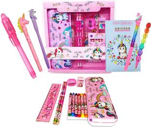 Urban Festivities Unicorn Stationery Set for girls Diary coloring combo metal Art Metal Pencil Box