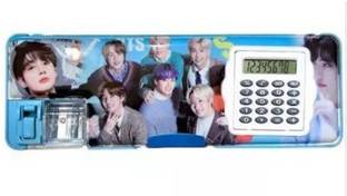 AMB BTS Theme Calculator Geometry for Kids, Dual Sharpener BTS Art Plastic Pencil Box