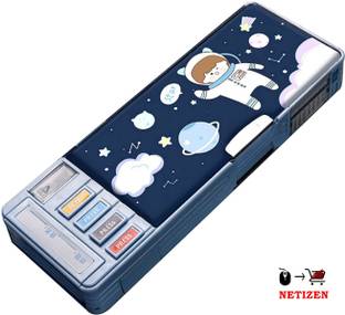 JOY MAKER Quality Multi Compartment Button Operated Cat Pencil Box For Kids Astranaut Art Plastic Pencil Box