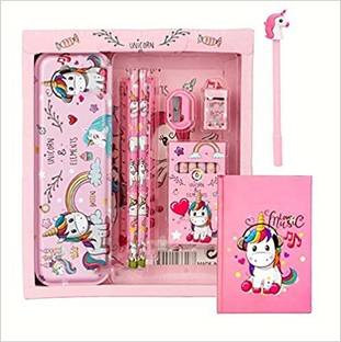 Taufa Villa Unicorn Stationary combo-Pencil Box Pencil Color Eraser Diary Pen for Kids Girls Unicorn Art Metal Pencil Box
