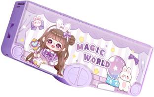 Devdhan Double Sided Pencil Case for Children, Function and Departments, Special Buttons Art Plastic Pencil Box