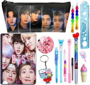 Neel School Gift Set Combo-15Pcs For BT-21 Army Theme Pencil Pouch/Diary/ Pen/Pencil Eraser All Stationery Return Birthday Gift an Christmas Gift For Kids Art Polyester Pencil Box