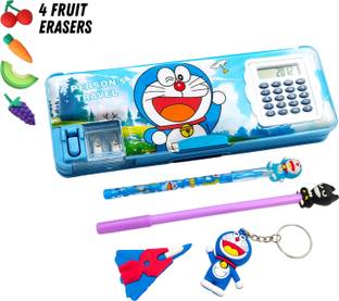 tishna Inbuilt Calculator 5 Pc Combo Doraemon Art Plastic Pencil Box