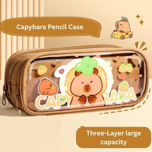 A R International Capibara Transparent Pencil Case for Kids | Multi-Layer Large Capacity Stationery Pouch | Brown 3-Layer School Pencil Box | One Size Art Polypropylene Pencil Box