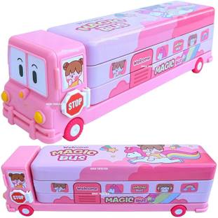 Devam School Bus Metal Pencil Box With Moving Tyres And Sharpner For Kids Cartoon Printed Art Metal Pencil Box