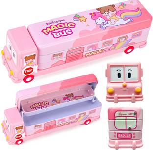 RHINETOYS School Bus Pencil Box: Kids' Metal Pencil Case with Wheels and Sharpener Geometry Box