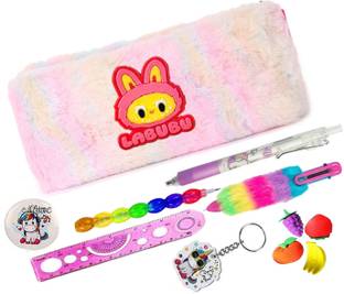 KELOSK Labubu Fluffy Pencil Pouch Pencil Case Combo Set for Pen/pencil/eraser& Keychain Badge for Best Rakhi Gift for Kids 8 Pcs Labubu Doll Kawaii Stationery for Kids Art Canvas Pencil Box