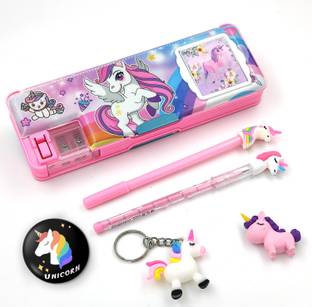 तीशना Inbuilt Calculator 5 Pc Combo Cool Unicorn आर्ट प्लास्टिक पेंसिल बॉक्स