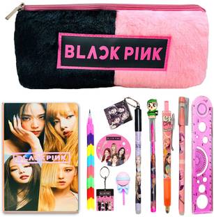 तीतिरंगी Black Pink Stationery Gift Set for Kids 11 pcs Black Pink Theme Double Pocket पेंसिल पाउच एंड ऑल स्टेशनरी BTS कलेक्शन ब्लैकपिंक पेंसिल पाउच केस फॉर किड्स आर्ट Canvas पेंसिल बॉक्स