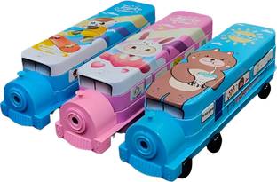 Happykids Metal Engine Shaped Pencil Box for Kids with Wheels and Sharpener tin pencil box Art Metal Pencil Box