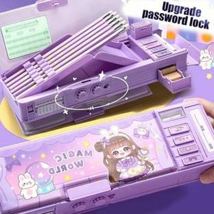 radhey preet Trendy Cute & Pretty Girl Print Multi Compartment Button Operated Password Protected Compass Box For Kids, Price For 1Pc | RP902 Art Plastic Pencil Box