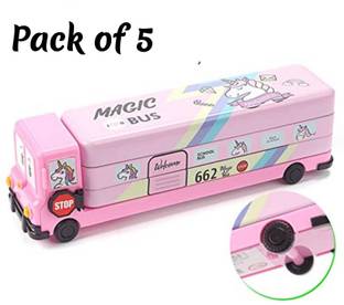ShubhKraft School Bus Shaped Pencil Box for Kids with Wheels and Sharpener Cartoon Art Metal Pencil Boxes
