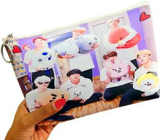 Neel BTS Army Team Collection EMOJI print Large Capacity Big Pouch for School Stationery Travel Cosmetic Pouch for School with BT-21 Key Chain Gift for Kids Art Polyester Pencil Box