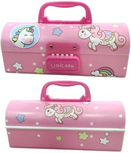 PEACORA Password - Cute UNICORN Double Layer Stationery BOX Organizer Art Plastic Pencil Box