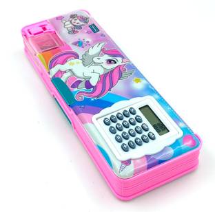 Nestaura Pencil Box For Kids With Calculator and 2 Sharpener, Magnetic Geometry Case For Boys, Girls, Return Gift, Art Plastic Pencil Box