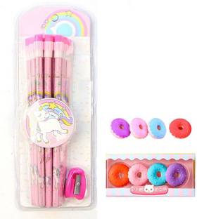 व्हाइट पॉपकॉर्न Pack of 12 HB Wooden Pencils with Sharpener and 4 Dessert Design Fancy Eraser पेंसिल