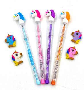 poksi Unicorn Pencil and Eraser Set|Combo of 4 unicorn Pencils and 4 unicorn erasers Pencil