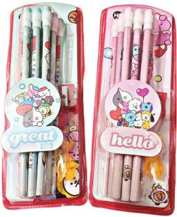 आहानशॉप BTS THEME PENCIL SET 12 PENCILS ERASERS TOP 1 SHARPNER 1 PENCIL GRIP MULTICOLOUR पेंसिल