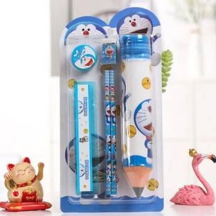 हैप्पीकिड्स Set of 1 Pencil shaped box, 2 pencils, 1Sharpener, Eraser & Ruler Random Designs पेंसिल