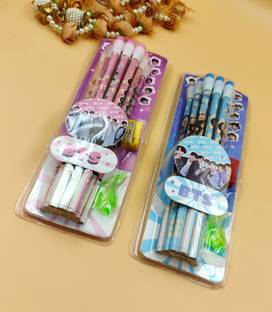 Paper Bear Combo Pink w8 Light Blue BTS HB Pencil, Sharpener and Pencil Cap Set Piece of 24 Pencil