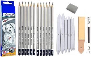 BM RETAIL 21 Pcs PencilSet 12 Pencil,6 BlendingStumps,KneadableEraser,PenciIExtender Pencil
