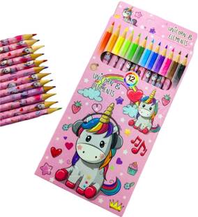 SAH Cute Color Pencils Set for Kids. 12 Pc Unicorn Coloring for Girls Drawing Pencil