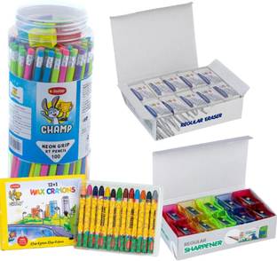 Rabbit Champ School Kit: 100 Neon Pencils, 20 Sharpeners, 20 Erasers, 12+1 Crayons Pencil