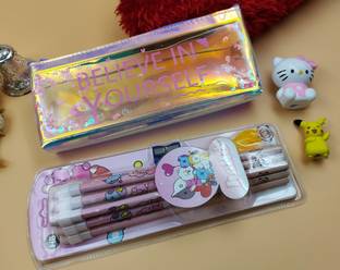 Paper Bear BTS HB Pencil, Kitty Sharpener , pouch and Pikacho Eraser Set of 4 Pencil