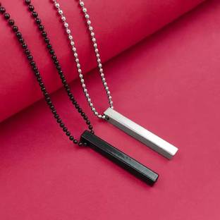 ARDS FASHION Combo of Black & Silver Color (2Pcs) Vertical Bar Pendant Silver Plated Stainless Steel Chain Set